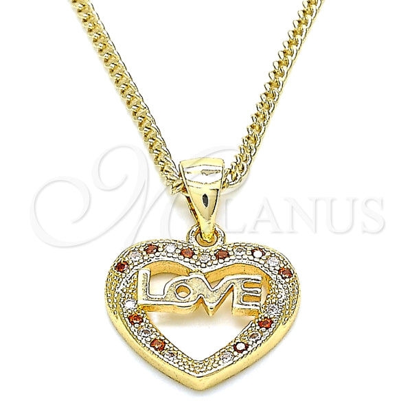 Gold Filled Necklace — Pendant Necklace Heart and Love Design with Garnet — main product view — SKU 136064 | Oro Laminado collar — Pendant Necklace corazón and Love diseño with Garnet — SKU 136064