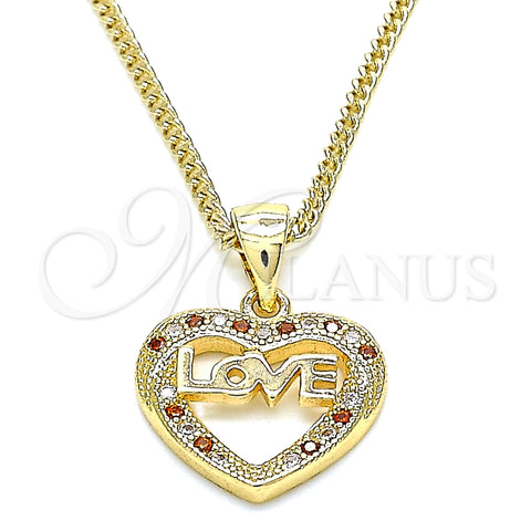 Oro Laminado Pendant Necklace, Gold Filled Style Heart and Love Design, with Garnet and White Micro Pave, Polished, Golden Finish, 04.156.0345.1.20 (20 Inches Length)