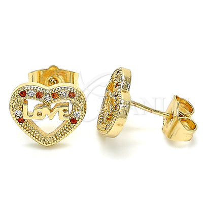 Oro Laminado Stud Earring, Gold Filled Style Heart and Love Design, with Garnet and White Micro Pave, Polished for wholesale, main product view