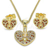 Oro Laminado Earring and Pendant Adult Set, Gold Filled Style Heart Design, with Garnet and White Micro Pave, Polished, Golden Finish, 10.156.0149.2