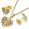 Oro Laminado Earring and Pendant Adult Set, Gold Filled Style Heart Design, with Garnet and White Micro Pave, Polished, Golden Finish, 10.156.0149.2
