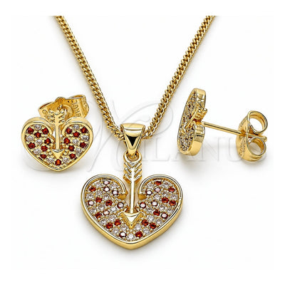 Oro Laminado Earring and Pendant Adult Set, Gold Filled Style Heart Design, with Garnet and White Micro Pave, Polished, Golden Finish, 10.156.0149.2