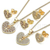 Oro Laminado Earring and Pendant Adult Set, Gold Filled Style Heart Design, with Garnet and White Micro Pave, Polished, Golden Finish, 10.156.0149.2