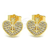 Oro Laminado Stud Earring, Gold Filled Style Heart Design, with White Micro Pave, Polished, Golden Finish, 02.156.0480