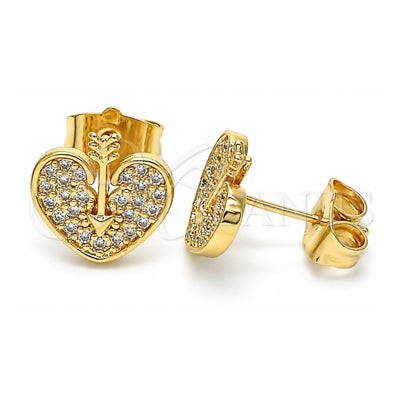 Oro Laminado Stud Earring, Gold Filled Style Heart Design, with White Micro Pave, Polished, Golden Finish, 02.156.0480