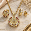 Oro Laminado Earring and Pendant Adult Set, Gold Filled Style Heart Design, with Garnet and White Micro Pave, Polished, Golden Finish, 10.156.0153.2
