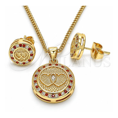 Oro Laminado Earring and Pendant Adult Set, Gold Filled Style Heart Design, with Garnet and White Micro Pave, Polished, Golden Finish, 10.156.0153.2