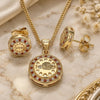 Oro Laminado Earring and Pendant Adult Set, Gold Filled Style Heart Design, with Garnet and White Micro Pave, Polished, Golden Finish, 10.156.0155.2