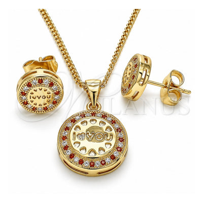 Oro Laminado Earring and Pendant Adult Set, Gold Filled Style Heart Design, with Garnet and White Micro Pave, Polished, Golden Finish, 10.156.0155.2
