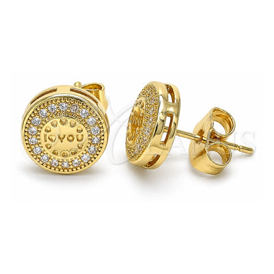 Oro Laminado Stud Earring, Gold Filled Style Heart Design, with White Micro Pave, Polished, Golden Finish, 02.156.0482