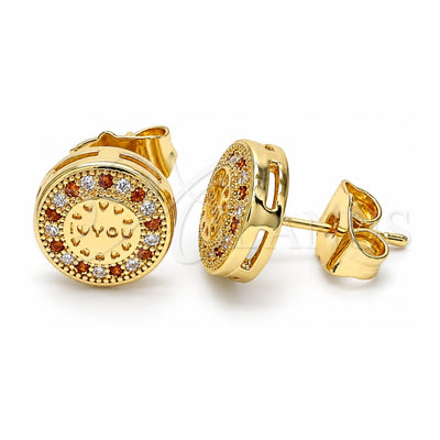 Oro Laminado Stud Earring, Gold Filled Style Heart Design, with Garnet and White Micro Pave, Polished, Golden Finish, 02.156.0482.1