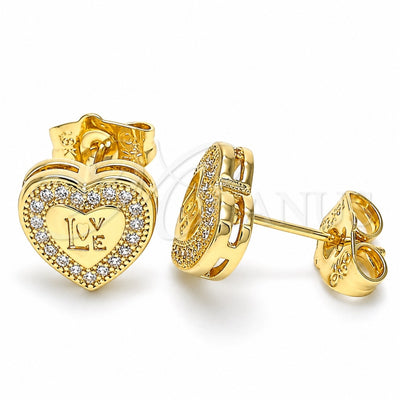 Oro Laminado Stud Earring, Gold Filled Style Heart and Love Design, with White Micro Pave, Polished, Golden Finish, 02.156.0483