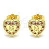 Oro Laminado Stud Earring, Gold Filled Style Heart and Love Design, with Garnet and White Micro Pave, Polished, Golden Finish, 02.156.0483.1
