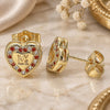 Oro Laminado Stud Earring, Gold Filled Style Heart and Love Design, with Garnet and White Micro Pave, Polished, Golden Finish, 02.156.0483.1