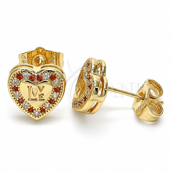 Oro Laminado Stud Earring, Gold Filled Style Heart and Love Design, with Garnet and White Micro Pave, Polished, Golden Finish, 02.156.0483.1