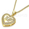 Oro Laminado Pendant Necklace, Gold Filled Style Heart and Love Design, with White Micro Pave, Polished, Golden Finish, 04.156.0349.20 (20 Inches Length)