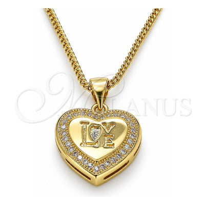 Oro Laminado Pendant Necklace, Gold Filled Style Heart and Love Design, with White Micro Pave, Polished, Golden Finish, 04.156.0349.20 (20 Inches Length)
