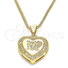 Oro Laminado Pendant Necklace, Gold Filled Style Heart and Love Design, with White Micro Pave, Polished, Golden Finish, 04.156.0349.20 (20 Inches Length)