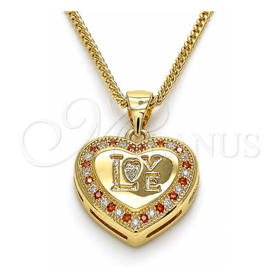 Oro Laminado Pendant Necklace, Gold Filled Style Heart and Love Design, with Garnet and White Micro Pave, Polished, Golden Finish, 04.156.0349.1.20 (20 Inches Length)