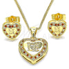Oro Laminado Earring and Pendant Adult Set, Gold Filled Style Heart and Love Design, with Garnet and White Micro Pave, Polished, Golden Finish, 10.156.0157.2