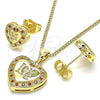 Oro Laminado Earring and Pendant Adult Set, Gold Filled Style Heart and Love Design, with Garnet and White Micro Pave, Polished, Golden Finish, 10.156.0157.2