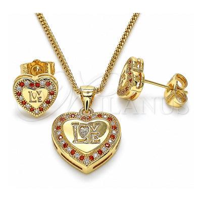 Oro Laminado Earring and Pendant Adult Set, Gold Filled Style Heart and Love Design, with Garnet and White Micro Pave, Polished, Golden Finish, 10.156.0157.2