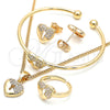 Oro Laminado Earring and Pendant Children Set, Gold Filled Style Heart and Lock Design, with White Micro Pave, Polished, Golden Finish, 06.210.0026