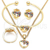 Oro Laminado Earring and Pendant Children Set, Gold Filled Style Heart and Lock Design, with Multicolor Micro Pave, Polished, Golden Finish, 06.210.0026.1