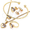 Oro Laminado Earring and Pendant Children Set, Gold Filled Style Heart and Lock Design, with Multicolor Micro Pave, Polished, Golden Finish, 06.210.0026.1