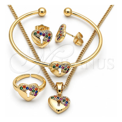 Oro Laminado Earring and Pendant Children Set, Gold Filled Style Heart and Lock Design, with Multicolor Micro Pave, Polished, Golden Finish, 06.210.0026.1