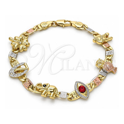 Oro Laminado Fancy Bracelet, Gold Filled Style Elephant and Evil Eye Design, with Garnet and Black Crystal, Polished, Tricolor, 03.380.0004.08 (05 MM Thickness, 8 Inches Length)