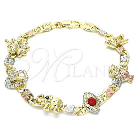 Oro Laminado Fancy Bracelet, Gold Filled Style Elephant and Evil Eye Design, with Garnet and Black Crystal, Polished, Tricolor, 03.380.0004.08 (05 MM Thickness, 8 Inches Length)