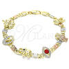 Oro Laminado Fancy Bracelet, Gold Filled Style Elephant and Evil Eye Design, with Garnet and Black Crystal, Polished, Tricolor, 03.380.0004.08 (05 MM Thickness, 8 Inches Length)