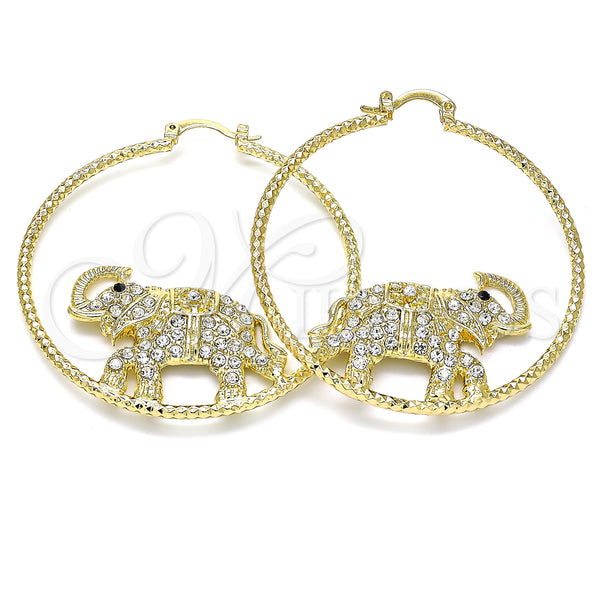 Gold Filled Hoop Earrings — Large Hoop Elephant Design with White and Black — main product view — SKU 136095 | Oro Laminado aretes de aro — Large Hoop Elephant diseño with blanco and negro — SKU 136095