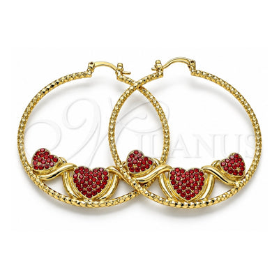 Oro Laminado Large Hoop, Gold Filled Style Heart Design, with Garnet Crystal, Diamond Cutting Finish, Golden Finish, 02.380.0002.1.50