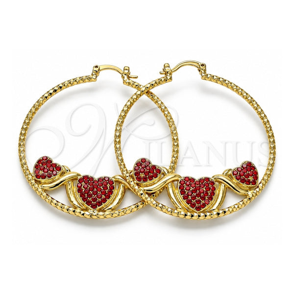 Oro Laminado Large Hoop, Gold Filled Style Heart Design, with Garnet Crystal, Diamond Cutting Finish, Golden Finish, 02.380.0002.1.50