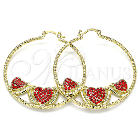 Oro Laminado Large Hoop, Gold Filled Style Heart Design, with Garnet Crystal, Diamond Cutting Finish, Golden Finish, 02.380.0002.1.50