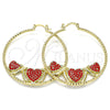 Oro Laminado Large Hoop, Gold Filled Style Heart Design, with Garnet Crystal, Diamond Cutting Finish, Golden Finish, 02.380.0002.1.50