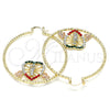 Oro Laminado Large Hoop, Gold Filled Style San Judas and Heart Design, with Multicolor Crystal, Diamond Cutting Finish, Tricolor, 02.380.0004.50