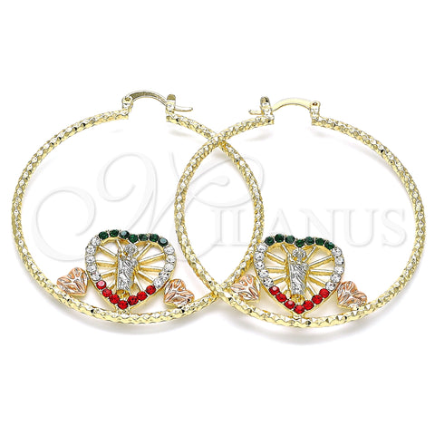 Oro Laminado Large Hoop, Gold Filled Style San Judas and Heart Design, with Multicolor Crystal, Diamond Cutting Finish, Tricolor, 02.380.0004.50