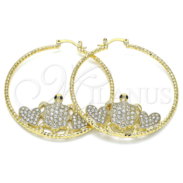 Gold Filled Hoop Earrings — Large Hoop Turtle and Heart Design with White — main product view — SKU 136100 | Oro Laminado aretes de aro — Large Hoop Turtle and corazón diseño with blanco — SKU 136100