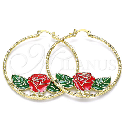 Gold Filled Hoop Earrings — Large Hoop Flower Design Red Enamel 02. for wholesale, main product view