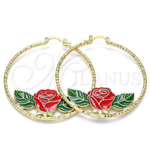 Gold Filled Hoop Earrings — Large Hoop Flower Design Red Enamel 02. — main product view — SKU 136102 | Oro Laminado aretes de aro — Large Hoop flor diseño Red Enamel 02. — SKU 136102
