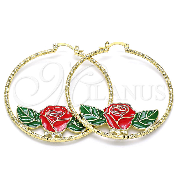 Oro Laminado Large Hoop, Gold Filled Style Flower Design, Red Enamel Finish, Golden Finish, 02.380.0007.50