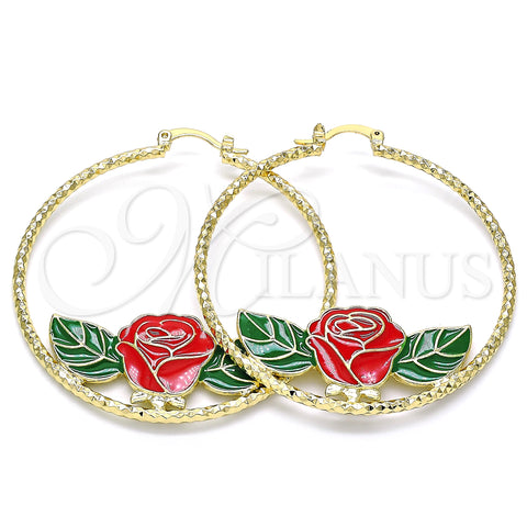 Oro Laminado Large Hoop, Gold Filled Style Flower Design, Red Enamel Finish, Golden Finish, 02.380.0007.50