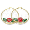 Oro Laminado Large Hoop, Gold Filled Style Flower Design, Red Enamel Finish, Golden Finish, 02.380.0007.50
