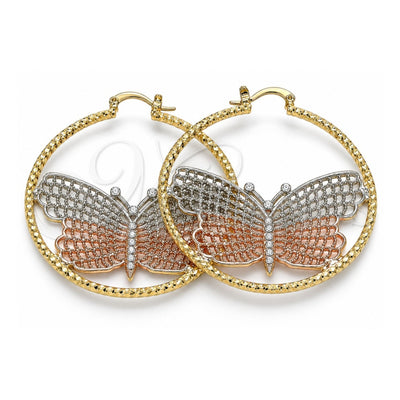 Oro Laminado Large Hoop, Gold Filled Style Butterfly Design, with White Crystal, Diamond Cutting Finish, Tricolor, 02.380.0008.50