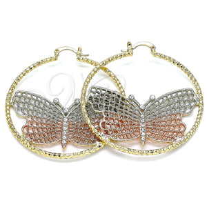Gold Filled Hoop Earrings — Large Hoop Butterfly Design with White Crystal Diamond — main product view — SKU 136105 | Oro Laminado aretes de aro — Large Hoop Butterfly diseño with cristal blanco Diamond — SKU 136105