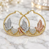Oro Laminado Large Hoop, Gold Filled Style Bird and Heart Design, with White Crystal, Diamond Cutting Finish, Tricolor, 02.380.0009.50
