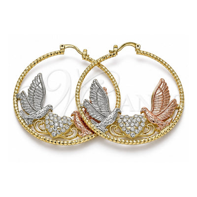 Oro Laminado Large Hoop, Gold Filled Style Bird and Heart Design, with White Crystal, Diamond Cutting Finish, Tricolor, 02.380.0009.50